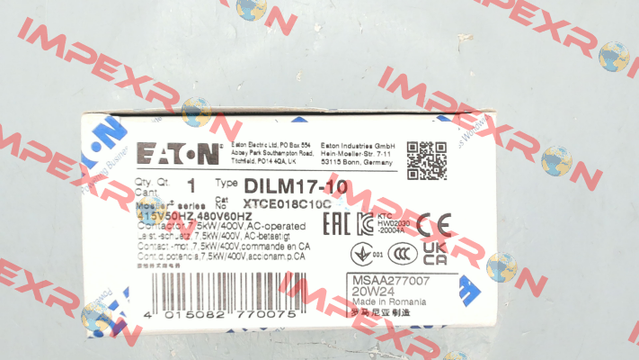 p/n: 277007, Type: DILM17-10(415V50HZ,480V60HZ) Moeller (Eaton)